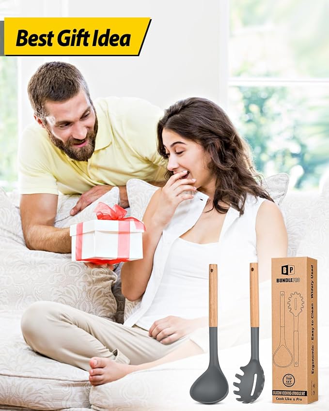 Silicone Pasta Fork and Ladle Spoon Set with Wooden Handle, Heat Resistant Non Stick Kitchen Utensils for Cooking, Stirring, Serving Spaghetti, Soup, Sauce(GRAY)