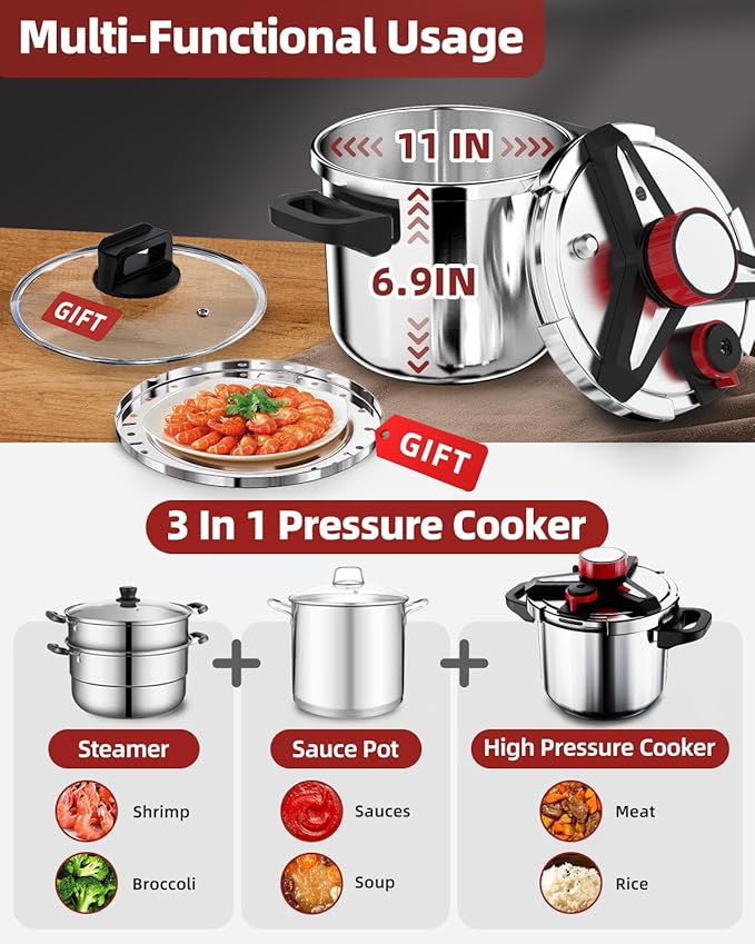 3-In-1 Stainless Steel Pressure Cooker 10 QT: [Save 70% Time] [3 PSI Settings], One-Hand Locking, Induction Compatible, Glass Lid & Steamer Rack Included, Olla de Presion