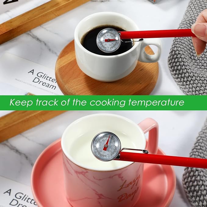 Xuhal 6 Pcs Stainless Steel Kitchen Thermometer with 5 Inch Long Stem 1 Inch Dial Thermometer Milk Frothing Food for Oven Probe Meat Grill BBQ Cooking Chocolate Water(Red)