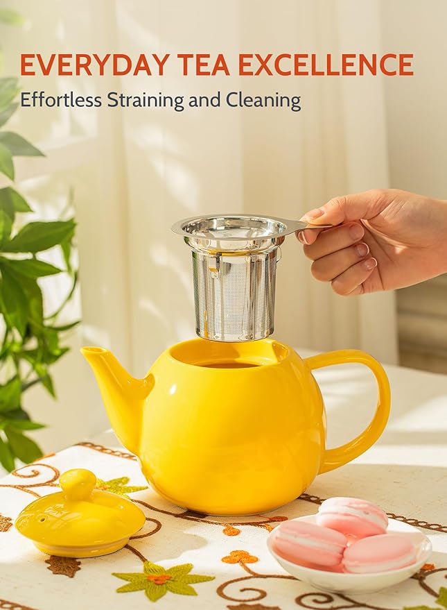 Sweese Teapot, Porcelain Tea Pot with Stainless Steel Infuser, Blooming & Loose Leaf Teapot - 27 ounce, Yellow