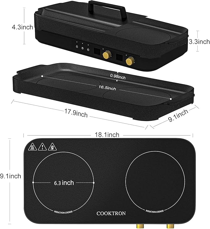 Portable Induction Cooktop 2 Burner with Removable Iron Cast Griddle Pan Non-stick, 1800W Double Induction Cooktop with Child Safety Lock & Time, Great for Family Party