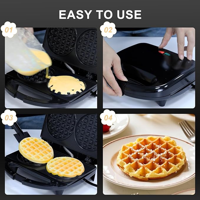 OSTBA Mini Waffle Maker 750W, Double 4-Inch Belgian Waffles Iron, Nonstick Plates, Compact Breakfast Appliance, Easy to Clean, Perfect for Kids & Family Breakfast