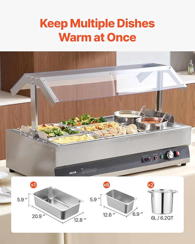 VEVOR Electric Soup Warmer, Two 6.34QT Pots & Six 1/3 Pans, Stainless Steel Commercial Food Warmer with 86~185°F Adjustable Temp, 1500W Bain Marie with Cover, Soup Station for Restaurant, Buffet