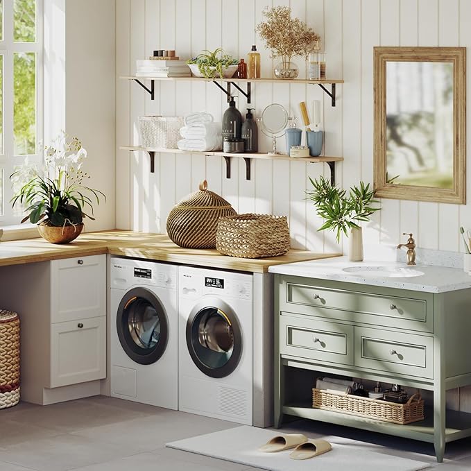 DINZI LVJ Long Wall Shelves, 31.5 Inch Wall Mounted Shelves Set of 2, Easy-to-Install, Wall Storage Ledges with Sturdy Metal Brackets for Living Room, Bathroom, Bedroom, Kitchen, Natural