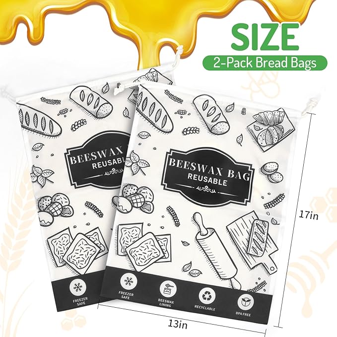 2-Pack Beeswax Bread Bags for Homemade Bread, Black Reusable Sourdough Storage Bags with Premium Beeswax Coating for Loafs Baguette Fresh Keeping,Great Homesteading Essentials and Baking Gifts.
