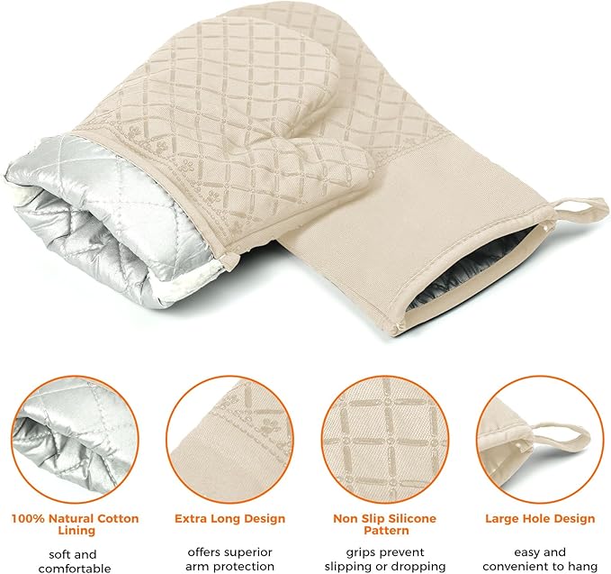 4PCS Oven Mitts and Pot Holders Sets 500°F Pot Holders for Kitchen Heat Resistant Oven Gloves Anti-Slip Silicone Stripe Oven Mitts Heat Resistant Hot Pads Oven Mits Potholders for Kitchens (Khaki)