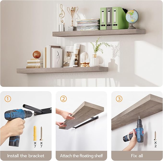 HOOBRO Floating Shelves for Wall, Wall Mounted Shelf Set of 2, 15.7" Hanging Shelf with Invisible Brackets, for Wall in Bathroom, Bedroom, Toilet, Kitchen, Living Room, Office, Greige BG40BJ01