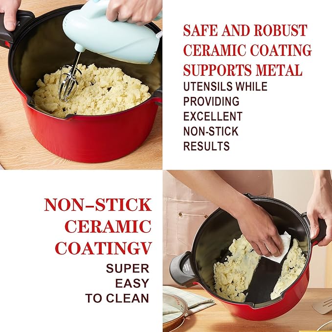 5qt Pasta Pot with Strainer Lid, Cast Aluminum Stockpot Multipot, Nonstick Ceramic Coating make Cleanup easy with Tempered Glass Lid, Dishwasher Safe, Induction, Black (Red, 5 Quarts)