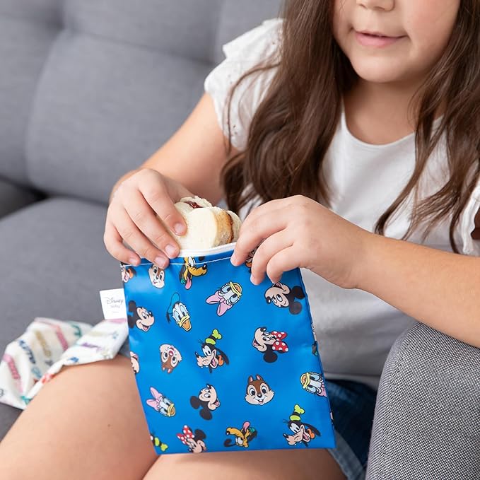 Bumkins - Cloth Snack & Sandwich Bags - For Storage, Travel, Food Prep, Lunch - Reusable, Water Resistant, Washable, Dishwasher Safe - Snack Bags for Kids -Zipper Closure -Mickey & Friends MVP -4 Pack