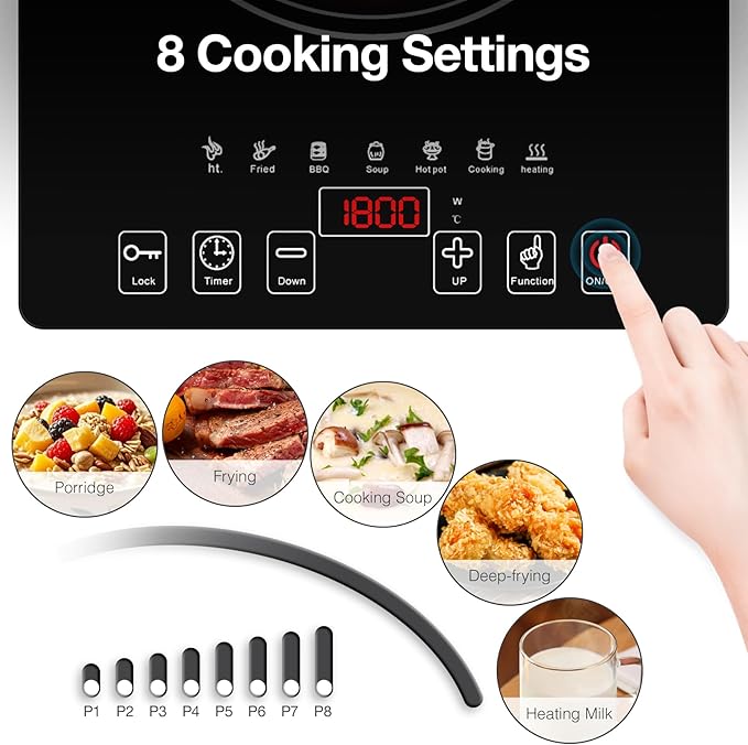 Electric Cooktop, Portable Electric Cooktop 1800W Single Burner Stove with LED Touch Screen, 8 Power & 8 Temperature Levels, Timer, 110V-120V Hot Plate for Home Camping