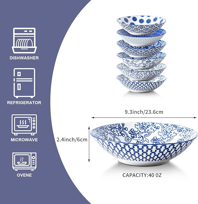 Ceramic Pasta Bowls Set - 40 Oz Porcelain Large Salad Bowls Serving - 9 Inch Wide Shallow Plate Bowls for Eating - Housewarming Wedding Gift - Oven Dishwasher Safe - Set of 6 - Vintage Blue