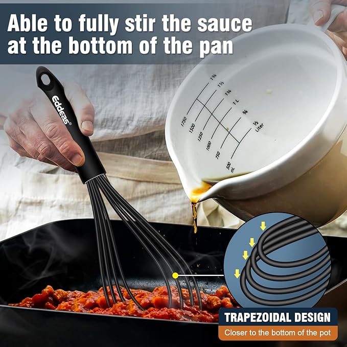 Flat Whisk, EDDEAS Silicone Gravy Whisk for Cooking, Beating, Stirring Gravy and Eggs