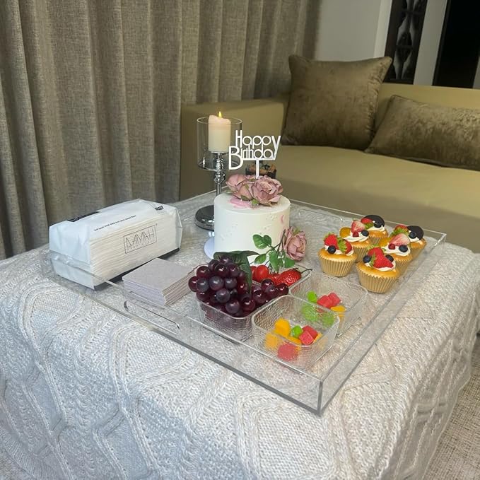 Extra Large Clear Modern Acrylic Ottoman Tray with Cutout Handles 22x22 Inch Over-Sized Serving Tray Organizer Boot Tray Decorative Tray for Living Room Bedroom Entryway and Kitchen Tabletop