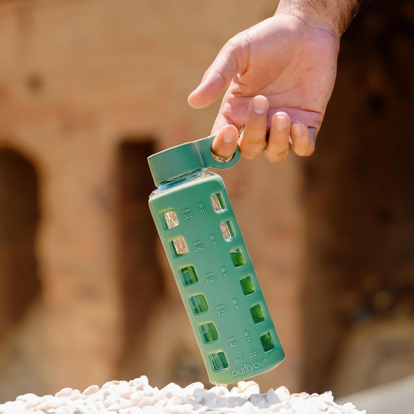 purifyou 40oz / 32oz / 22oz / 12oz Borosilicate Glass Water Bottle with Time & Volume Markers, Silicone Sleeve, Stainless Steel Lid – Reusable Glass Bottle for Water & Juice (12oz Shale Green)