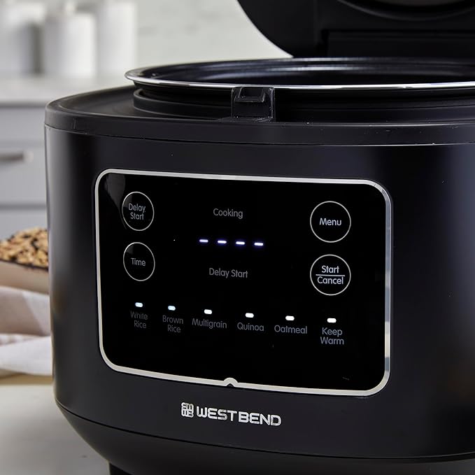 West Bend Programmable Rice & Grain Cooker with 7 Preset Functions, Includes Delay Start and Keep Warm, Features Easy View Window & Steam Basket, 12 Cups Cooked (6 Uncooked), Black