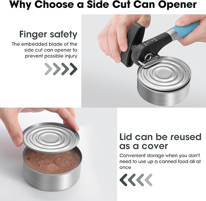 Beneno Can Opener, Manual Side Safe Cut Can Opener Smooth Edge with Durable Sharp Blade, Effort-Saving Knob & Comfortable Non-slip Handle, Aqua