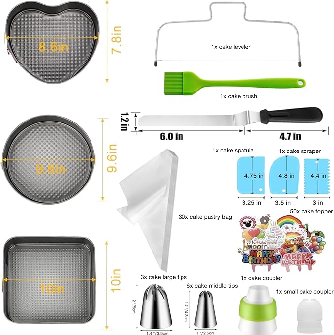 zhonglinhua99pcs Cake Pan Set with Removable Base, Cake Decorating Supplies with 3 Nonstick Bakeware Springform Pans (8" 9" 10"), Numbered Icing Piping Tips and Other Baking Supplies for Cheesecake