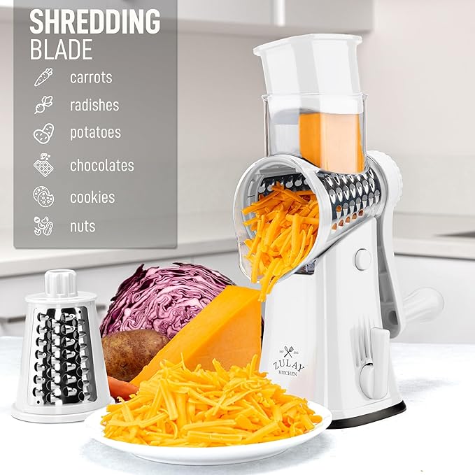 Zulay Kitchen Rotary Cheese Grater 5 Blade Cheese Shredder - Manual Hand Crank Cheese Grater With Reinforced Suction & 5 Interchangeable Drums - Easy to Use, Vegetable Chopper Round Mandoline Slicer