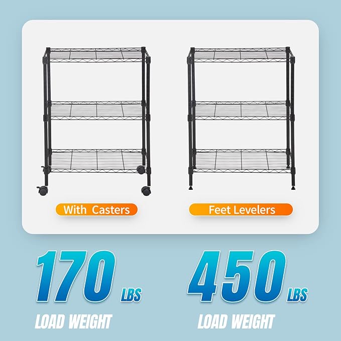 FDW Wire Shelving Metal Storage Shelves 23L x 13W x 32H 3 Tier Layer Storage Shelves with Wheels for Kitchen Garage Small Places,Black