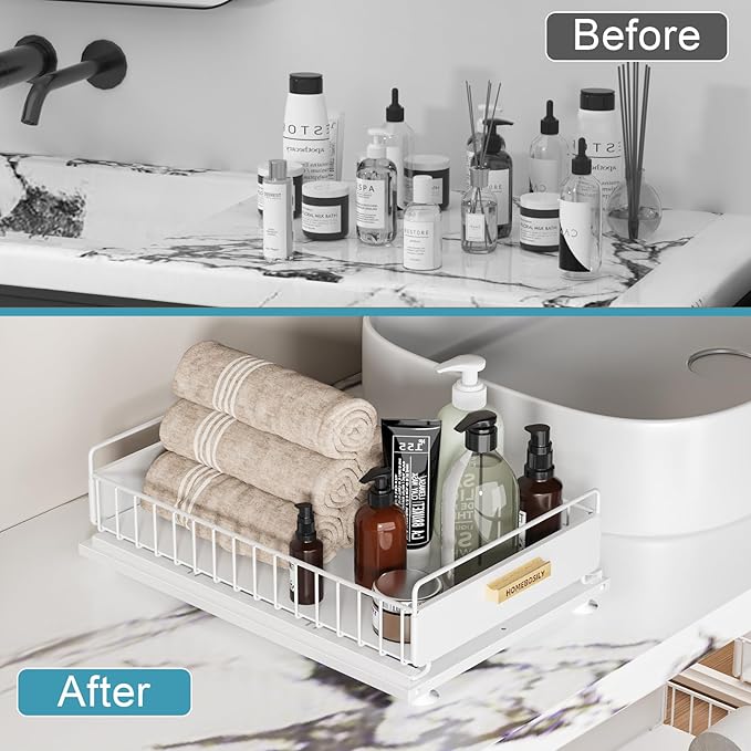 Under Sink Organizer, 2 Pack Pull Out Kitchen Cabinet Organizer, Mute Slide-Out Under Sink Organizers and Storage, Metal Kitchen Bathroom Organizers and Storage Shelves, White