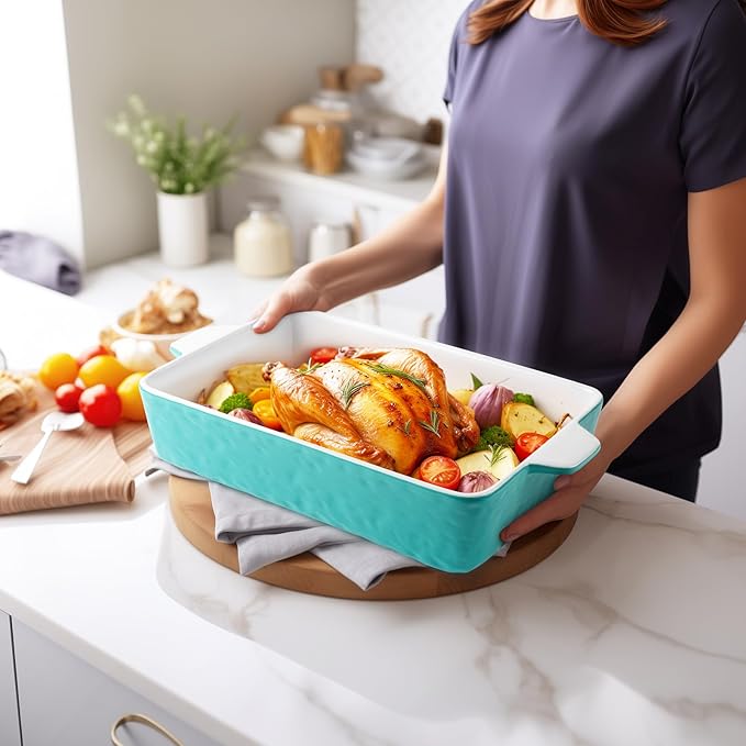 4 QT Baking Dish, Casserole Dishes for Oven, 9x13 Baking Pan with Handles, Lasagna Pan Deep, Ceramic Casserole Dish Oven Safe for Baking, Lasagna, Kitchen, Wedding Gift (Aquamarine)