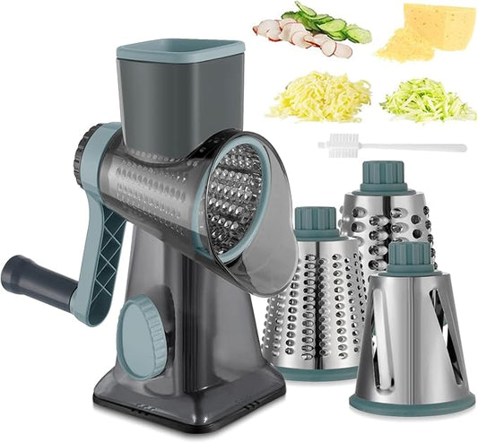 Cheese Grater Hand Crank Rotary Vegetables Shredder with Handle, 3-in-1 Graters with Interchangeable Blades and Strong Suction Base Multifunctional Slicer for Kitchen