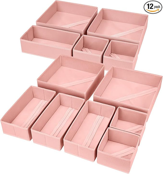 DIMJ Fabric Drawer Organizer Bins - 12 Pack Foldable Sock & Clothes Organizer - Pink