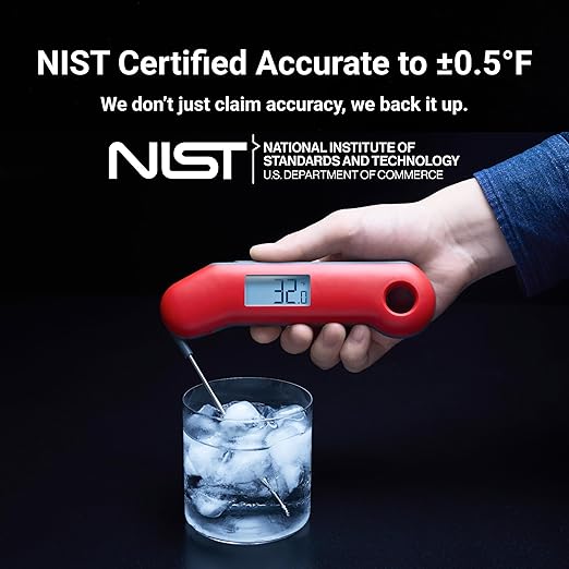 Professional Digital Meat Thermometer, Ultra Fast 0.5 Sec Instant Read, NIST Certified Accurate to ±0.5°F, IP67 Waterproof, Backlit, Auto Rotate/On/Off, BBQ/Smoker/Grill/Candy/Cooking, Dark Red&Gray