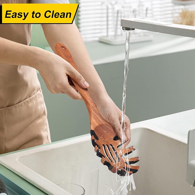 Wooden Pasta Spoon with Teeth Spaghetti Fork Tongs 12.5 Inch Pasta Forks Serving Utensils Acacia Wood Spaghetti Server Spoons Ladle Pastas Spatula Kitchen Tool Spaghettis Scoop Strainer Noodle Spoon