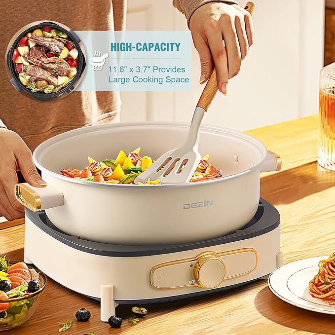 Dezin Electric Shabu Shabu Pot with Removable Pot, 4L Electric Non-Stick Pot with Multi-Power Control, 3.7" Depth Electric Cooker with Tempered Glass Lid for Party, Family and Friend Gathering