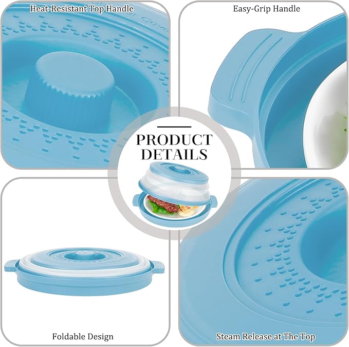 10.7 Inch Microwave Food Cover with Heat Insulation Mat, Anti-Scald Collapsible Microwave Splatter Cover, Multi-Functional as Colander & Fruit Plate, Dishwasher Safe, Ideal for Meal Prep (Blue)