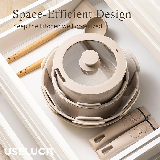 Pots and Pans Set Healthy Non toxic Non Stick Ceramic Cookware Set 21 Pcs Detachable Handles, Oven Safe, Induction Dishwasher, Stackable Frying Pan (PFOS, PFOA Free),Taupe