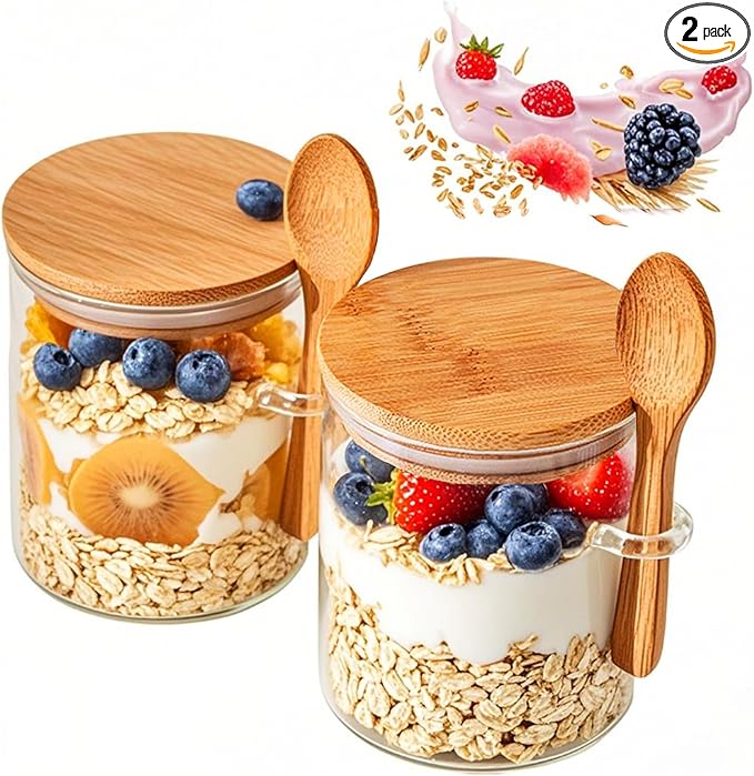 2-Pack 18.5oz Airtight Glass Meal Prep Containers with Lids – Overnight Oats Jars for Coffee, Nuts, Candy, Chia Seed Sugar & Pudding | Leakproof Borosilicate Glass Food Storage Jars