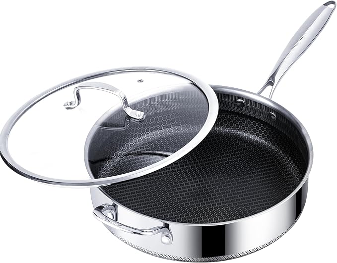 Saute Pan,Stainless Steel Frying Pan, 5.5 QT 12 inch Tri-play Non-stick Deep Frying Pan with Tempered Glass Lid, Stainless Steel Cookware,Stay-Cool Handles Induction,Dishwasher