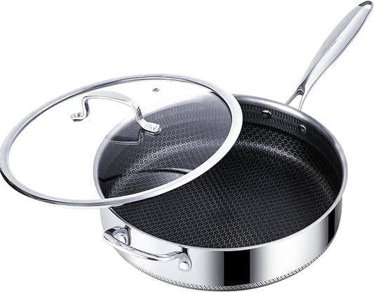 Saute Pan,Stainless Steel Frying Pan, 5.5 QT 12 inch Tri-play Non-stick Deep Frying Pan with Tempered Glass Lid, Stainless Steel Cookware,Stay-Cool Handles Induction,Dishwasher
