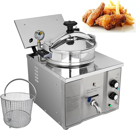 INTSUPERMAI 16L Commercial Countertop Pressure Fryer, Stainless Steel High Pressure Fried Chicken Machine, Electric Multi-function Deep Fryer Cooking Machine, 110V, 2400W, 8PSI