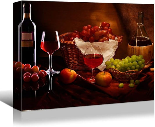Looife Kitchen Still Life Canvas Wall Art, 48x32 Inch Gallery Wrapped Wine Cup with Grapes Picture Prints Wall Decor, Food Art Deco for Dining Room and Bar