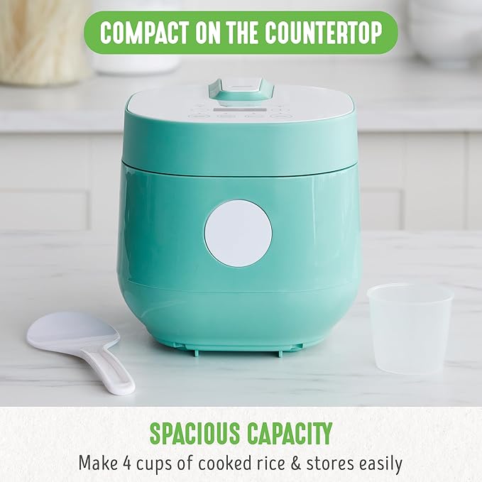 GreenLife Digital Rice Cooker, 2-Cups Uncooked/4-Cups Cooked, Removable Nonstick Ceramic PFAS-Free Pot, One-Touch Presets, Oats, Quinoa, Brown Rice, Auto Keep Warm, Fuzzy Logic Tech, 1.5 QT, Turquoise