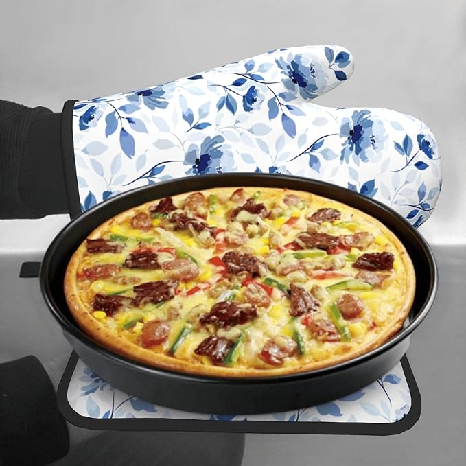 Blue Floral Oven Mitts Pot Holders Set of 2 Watercolor Leaves Heat Resistant Kitchen Mittens Potholders for Chef Baking Cooking Grilling