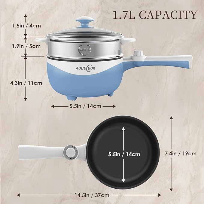 Audecook Hot Pot Electric with Steamer, 1.7L Mini Electric Skillet Portable Nonstick Sauté Pan with Power Adjustment, Ramen Cooker Travel Multicooker for Steak/Soup/Egg/Oatmeal/Noodles