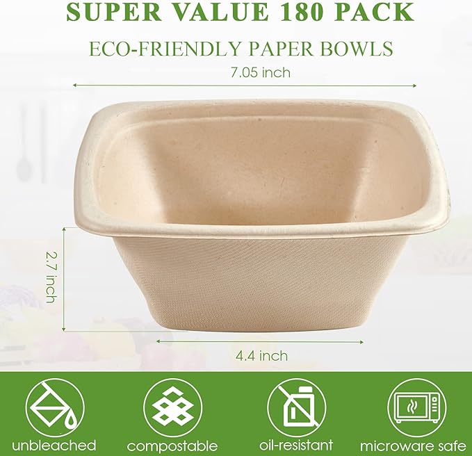 Vplus 150 Pack 32 OZ Paper Bowls Bulk, Square Disposable and Compostable, Eco-friendly Bagasse, Heavy-duty Bowls Perfect for Milk Cereals, Snacks, Salads
