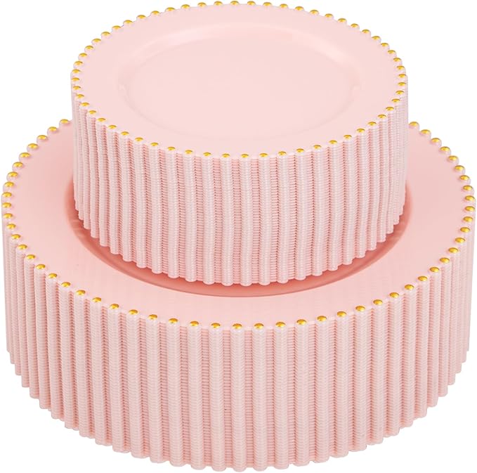 supernal 100pcs Pink Plastic Plates with Gold Beads Plates Disposable Heavy Duty Party Supplies Includes 10.25inch Dinner Plate and 7.5inch Dessert Disposable Plate for Party,Wedding,Bridal Showers