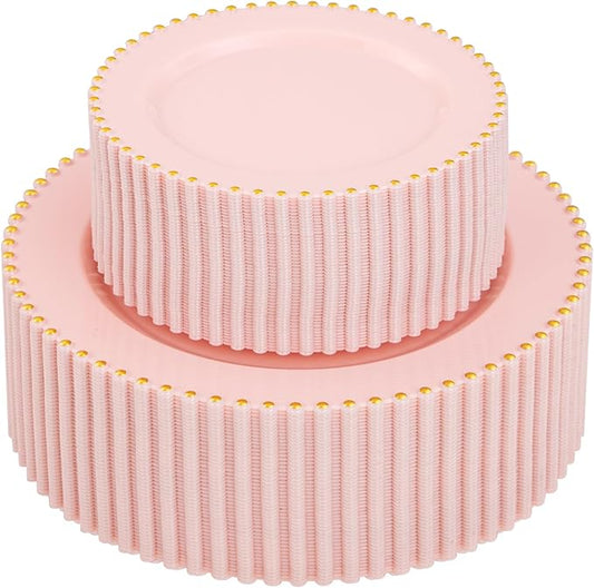 supernal 100pcs Pink Plastic Plates with Gold Beads Plates Disposable Heavy Duty Party Supplies Includes 10.25inch Dinner Plate and 7.5inch Dessert Disposable Plate for Party,Wedding,Bridal Showers