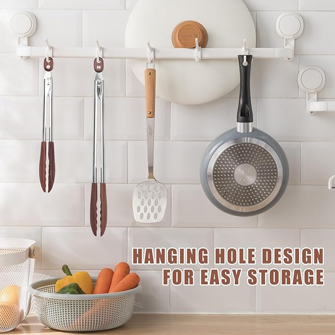 2-pcsTongs for Cooking with Wooden Tips - Nonstick Cooking Tongs & Salad Tongs for Blooming Food，Cooking, BBQ and Tossing Salad - Made of Natural Walnut Wood，Long Style15inch Short Style 11.4inch