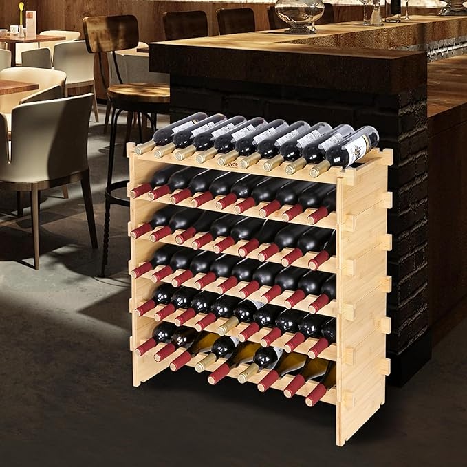 VEVOR Stackable Modular Wine Rack, 8-Tier 72 Bottles, Freestanding Wines Holder Display Shelf, Solid Bamboo Wood Storage Racks, Wobble-Free Shelves for Kitchens, Dining Rooms, Cellars, Natural Color