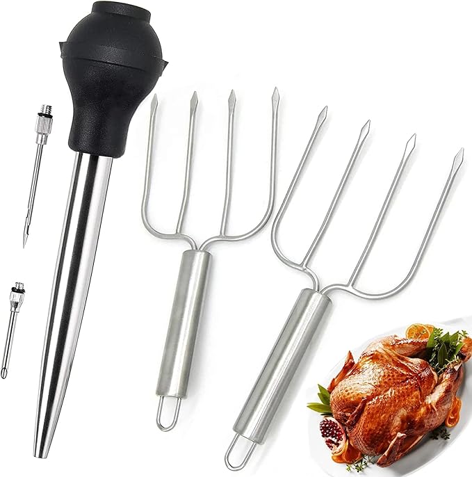KAYCROWN Thanksgiving Roasting Kit - Stainless Steel Turkey Baster and Turkey & Roast Lifters, Silicone Turkey Baster with 2 Marinade Needles & Stainless Steel Turkey Forks Set