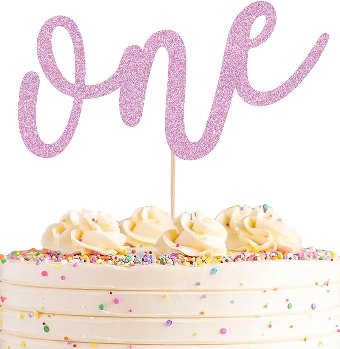 First Birthday Cake Topper - Pink Glitter One Cake Decorating Supplies for Girls and Boys, Perfect for Baby Shower/Gender Revealing Party/Baby Party Photo Booth Props