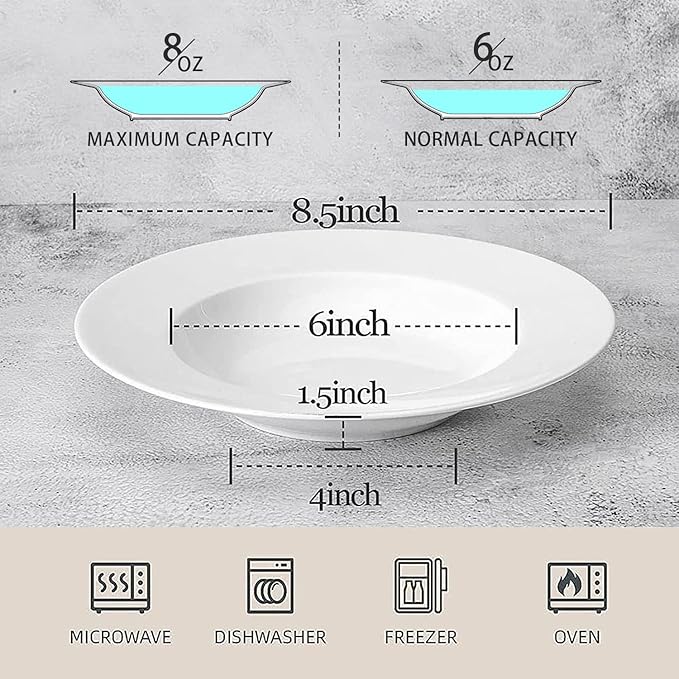Artena 8 Ounces Pasta Bowls Set of 4, 8.5 inch Soup Bowls, Advanced Porcelain Salad Bowl, Wide Rim Pasta Plates, Shallow Bowls for Kitchen, Rimmed White Plates and Bowls Set, Microwave Oven Safe