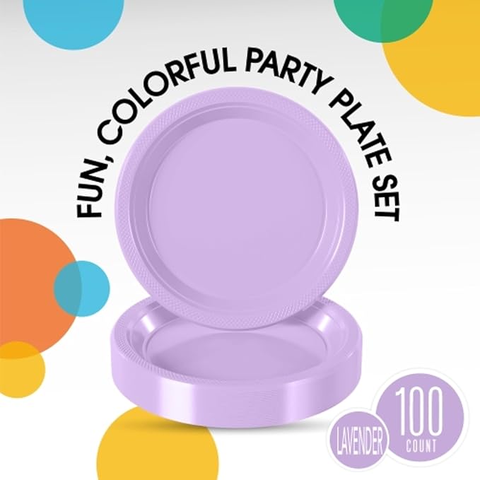 Exquisite Party Solids Lavender Plastic Plates For Party 9" Lavender Disposable Plates Heavy Duty Supplies 100 Pcs Plastic Dinnerware Sets Heavy Duty 350 GSM Disposable Dinnerware Set