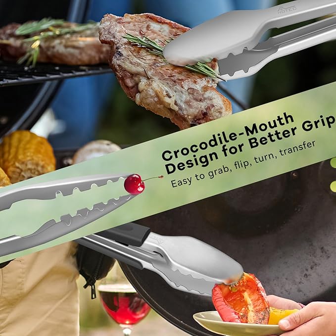 Hotec Stainless Steel Kitchen Tongs Grill Tongs Set of 2-9" and 12", Barbecue Tongs Locking Metal BBQ Kitchen Food Tongs for Cooking Non-Slip Grip